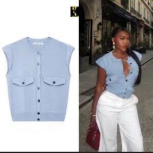 ZARA Flap Knit Vest Light Blue (M)